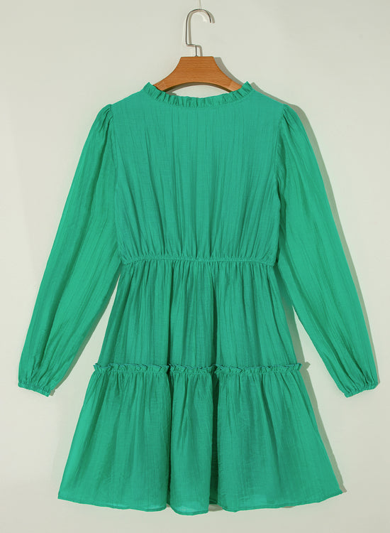 Sea Green Frilly V Neck Sfuck Sleeve Shift Mini Abito