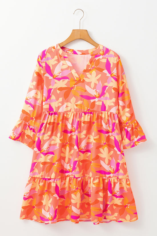 Green Abstract Print Ruffled Sleeve V Neck Dress °