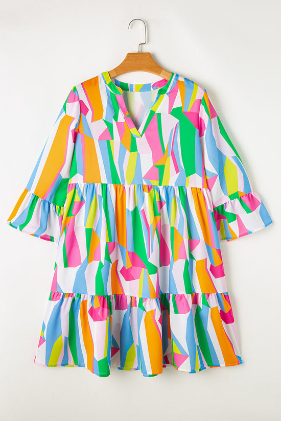 Green Abstract Print Ruffled Sleeve V Neck Dress °