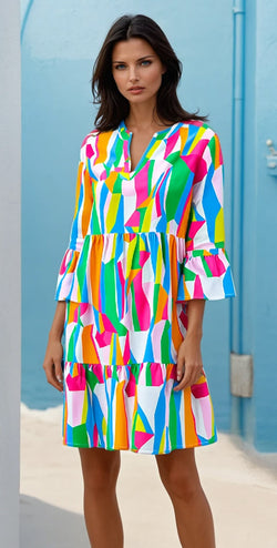 Vestido de cuello con cuello de manga en V de estampado abstracto en v °