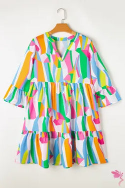 Vestido de cuello con cuello de manga en V de estampado abstracto en v °