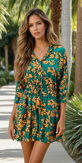 Green or Pink Floral Print Drawstring Tunic Flowy Short Dress *
