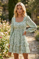 Green Floral Print Square Neck Shirred Waist Tiered Ruffled Mini Dress
