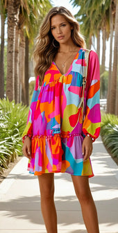 Red Abstract Print Bell Sleeve V Neck Babydoll Dress