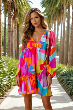 Red Abstract Print Bell Sleeve V Neck Babydoll Dress