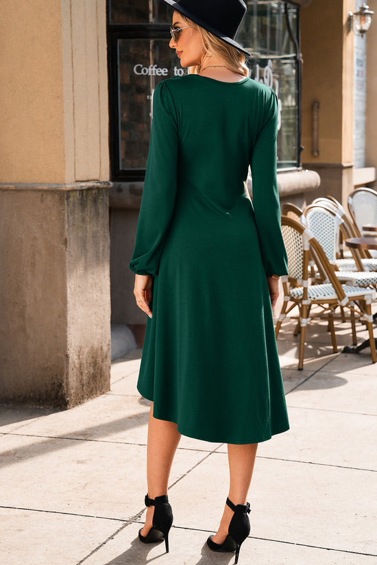 Solid Color Ruched Detail Long Sleeve Midi Dress