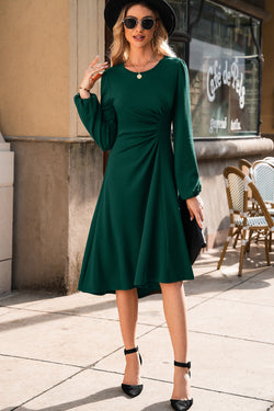 Solid Color Ruched Detail Long Sleeve Midi Dress