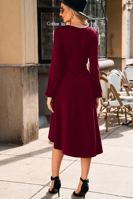 Solid Color Ruched Detail Long Sleeve Midi Dress
