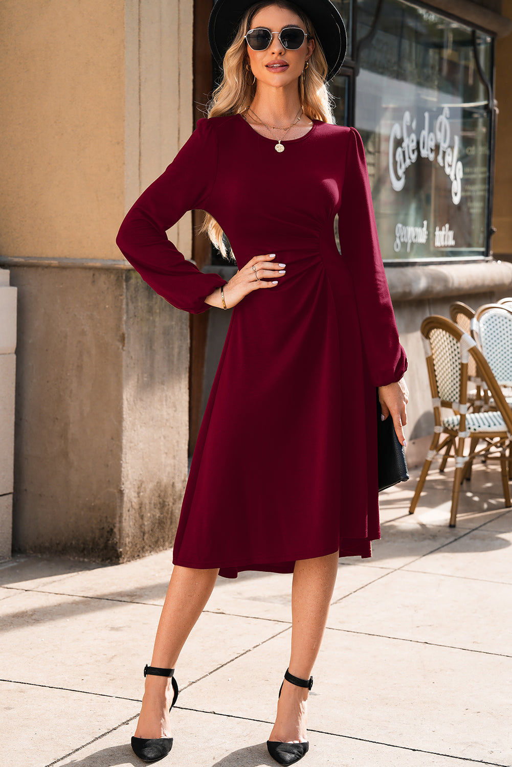 Solid Color Ruched Detail Long Sleeve Midi Dress