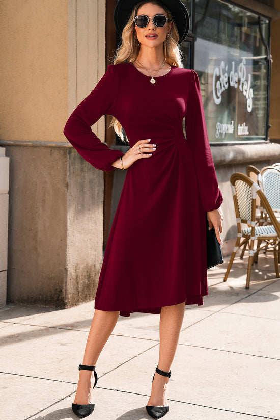 Solid Color Ruched Detail Long Sleeve Midi Dress