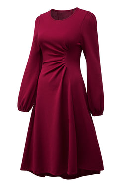 Solid Color Ruched Detail Long Sleeve Midi Dress