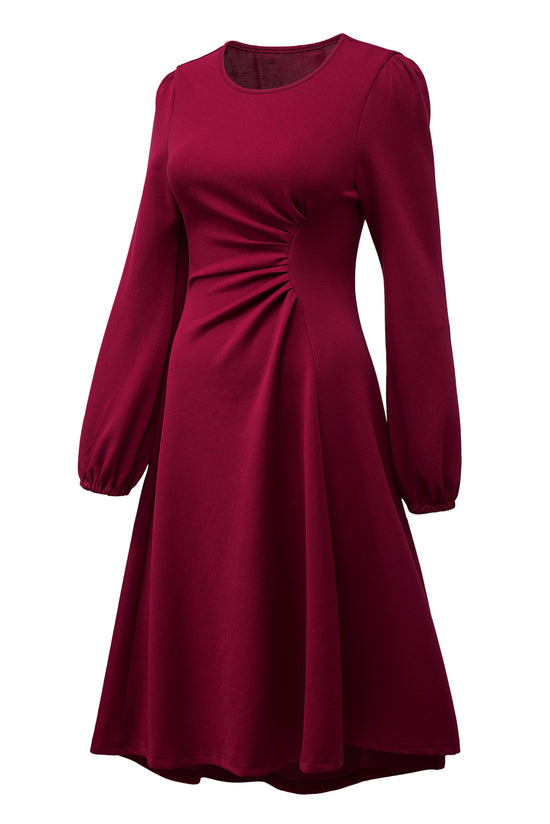 Solid Color Ruched Detail Long Sleeve Midi Dress