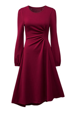 Solid Color Ruched Detail Long Sleeve Midi Dress