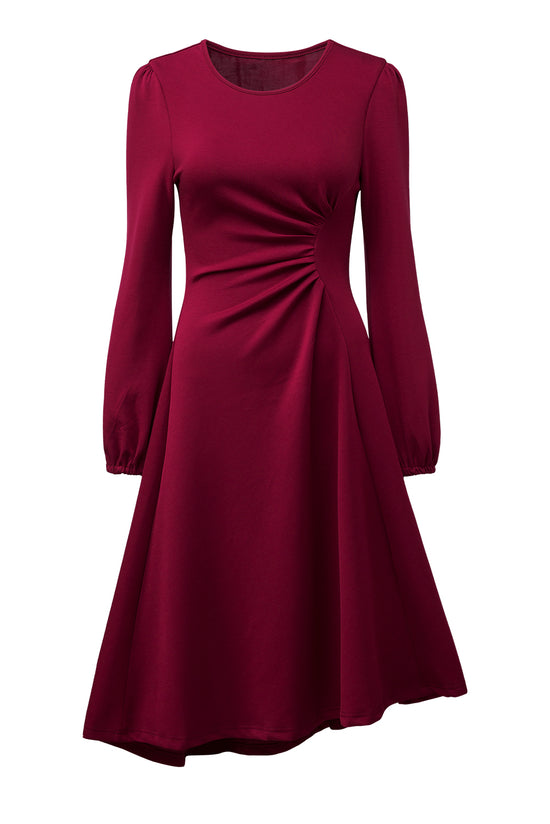 Solid Color Ruched Detail Long Sleeve Midi Dress