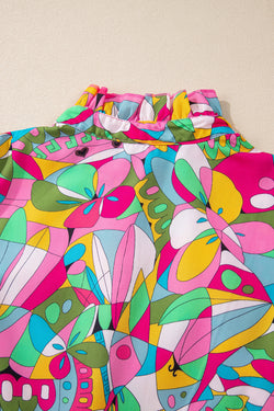 Manga de linterna impresa rosa abstracto mini vestido abotonado