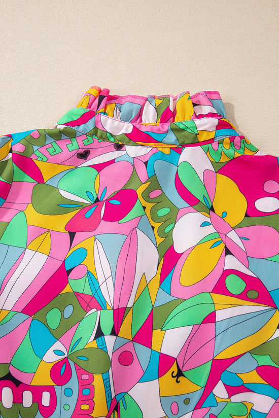 Manga de linterna impresa rosa abstracto mini vestido abotonado