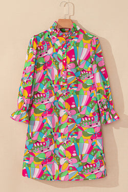 Manga de linterna impresa rosa abstracto mini vestido abotonado