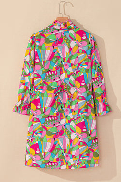Manga de linterna impresa rosa abstracto mini vestido abotonado