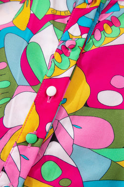 Manga de linterna impresa rosa abstracto mini vestido abotonado