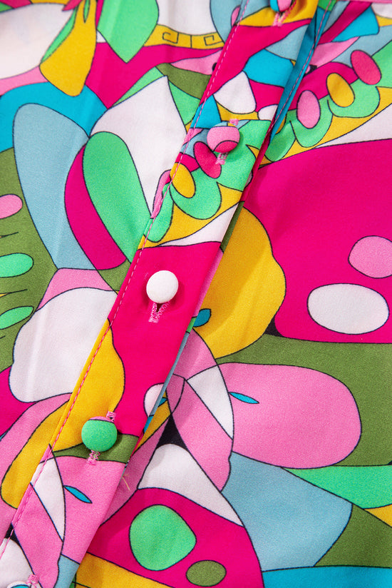 Manga de linterna impresa rosa abstracto mini vestido abotonado