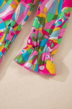 Manga de linterna impresa rosa abstracto mini vestido abotonado