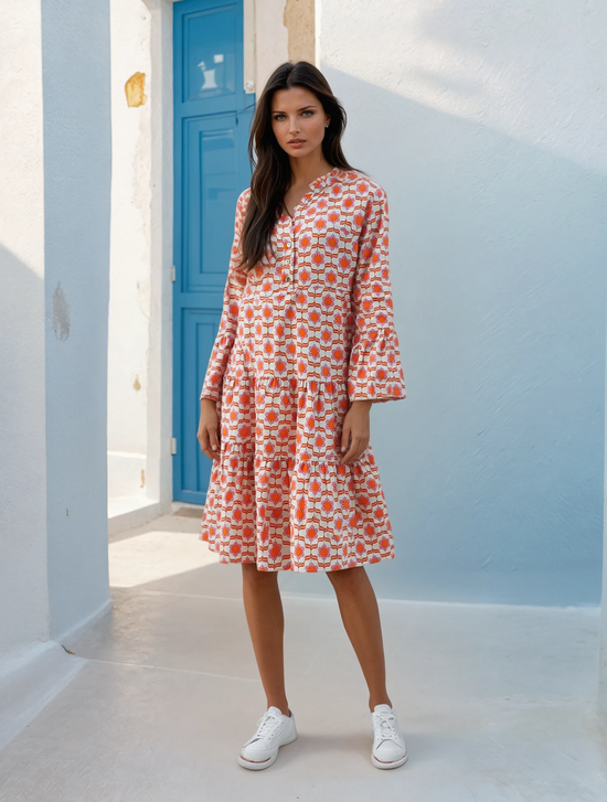 Orange Floral Print Flounce Sleeve Buttoned Front Mini Dress