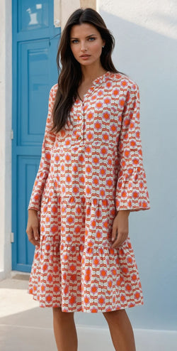 Orange Floral Print Flounce Sleeve Buttoned Front Mini Dress