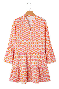 Orange Floral Print Flounce Sleeve Buttoned Front Mini Dress