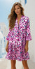 Khaki Leopard Print Buttoned Front 3/4 Sleeve Tiered Ruffled Hem Dress