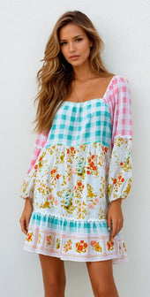 Pink Ric Rac Plaid Floral Print Patchwork Bubble Sleeve Dress