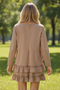 Goat Scoop Neck Tiered Ruffled Hem Long Sleeve Mini Dress