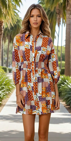Orange Boho Floral Puff Sleeve Smocked Waist Mini Shirt Dress
