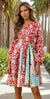 Red Colorful Floral Patchwork Long Sleeve Pleated Mini Dress