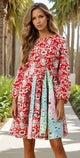 Red Colorful Floral Patchwork Long Sleeve Pleated Mini Dress