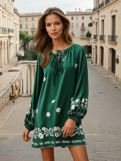 Mist Green Tie Neck Boho Floral Pattern Puff Sleeve Shift Dress