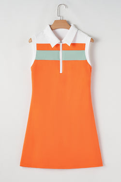 Russet Orange Colorblock Sleeveless Quarter Zip Collared Athletic Mini Dress