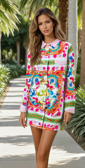 Multicolour Boho Floral Print Buttoned Long Sleeve Shirt Dress