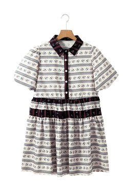 Boho Boho Floral Stripe Contraste Trim Bubble Sleeve Fared Robe