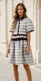 Black Boho Floral Striped Contrast Trim Bubble Sleeve Flared Dress