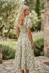 Yellow Boho Floral Square Neck Smocked Bust Puff Sleeve Tiered Long Dress