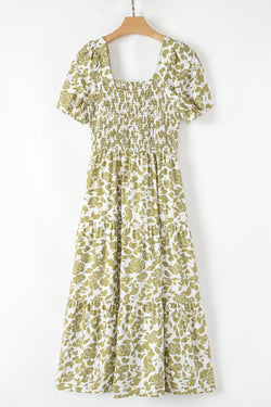 Yellow Boho Floral Square Neck Smocked Bust Puff Sleeve Tiered Long Dress