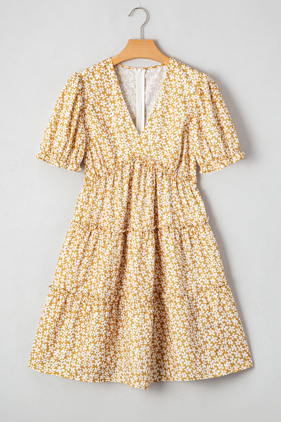 Mini robe à manches courtes à manches courtes à floral jaune