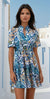 Blue Bohemian Paisley Floral V Neck Short Sleeve Mini Dress
