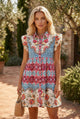 Vestido rosa floral misto com babados manga esvoaçante abotoado
