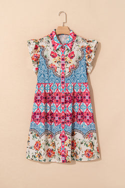 Rose Floral Mixed Pattern Ruffle Flutter Sleeve Buttoned Dress