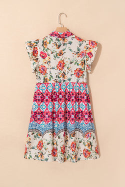 Rose Floral Mixed Pattern Ruffle Flutter Sleeve Buttoned Dress