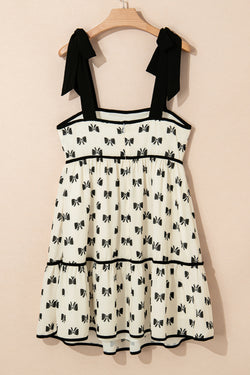 White Bow Knot Color Contrast Trim Knotted Shoulder Mini Dress