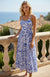 Sky Blue Floral Print Spaghetti Strap High Waist Maxi Dress