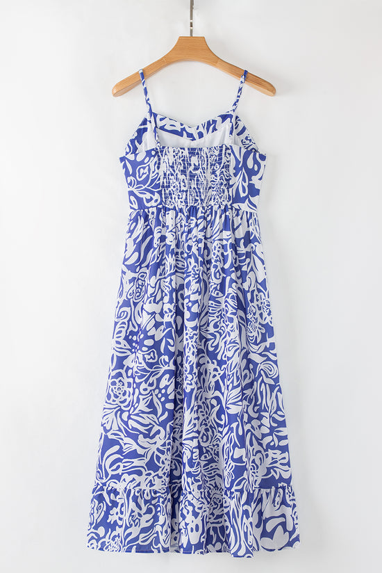 Sky Blue Floral Print Spaghetti Strap High Waist Maxi Dress
