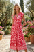 Red Boho Floral Short Sleeve V Neck Buttoned Shirred Waist Long Dress